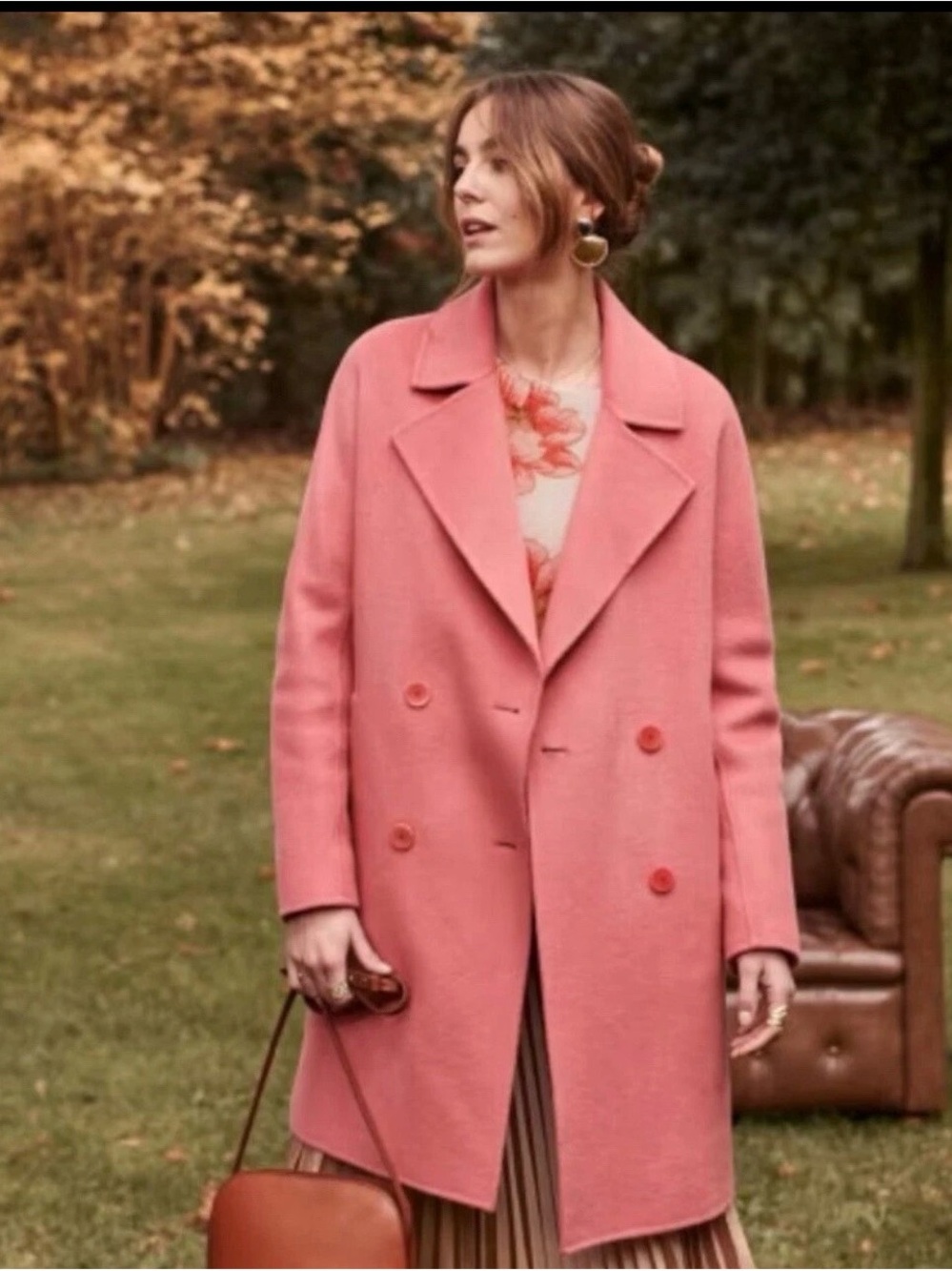 Sezane Coral-Pink Double-Breasted Pea Coat